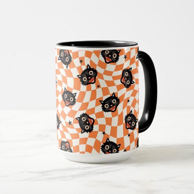 Retro Black Cat Orange Check Mönster Mugg (Framsida höger)