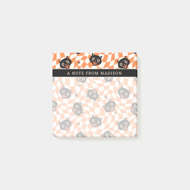 Retro Black Cat Orange Check Mönster Post-it Block (Framsida)