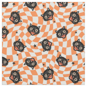 Retro Black Cat Orange Check Mönster Tyg