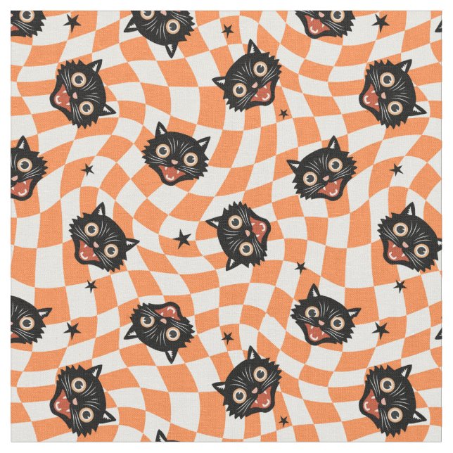 Retro Black Cat Orange Check Mönster Tyg (Närbild)