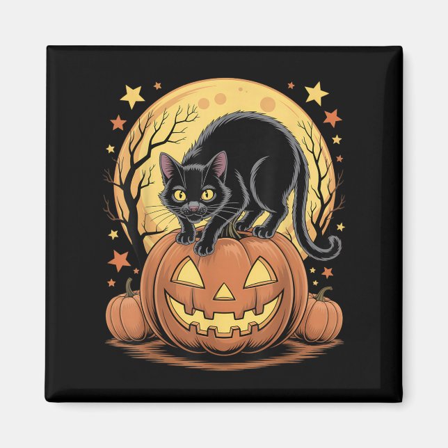Retro Black Cat Pumpkin Funny Halloween Magnet (Framsidan)