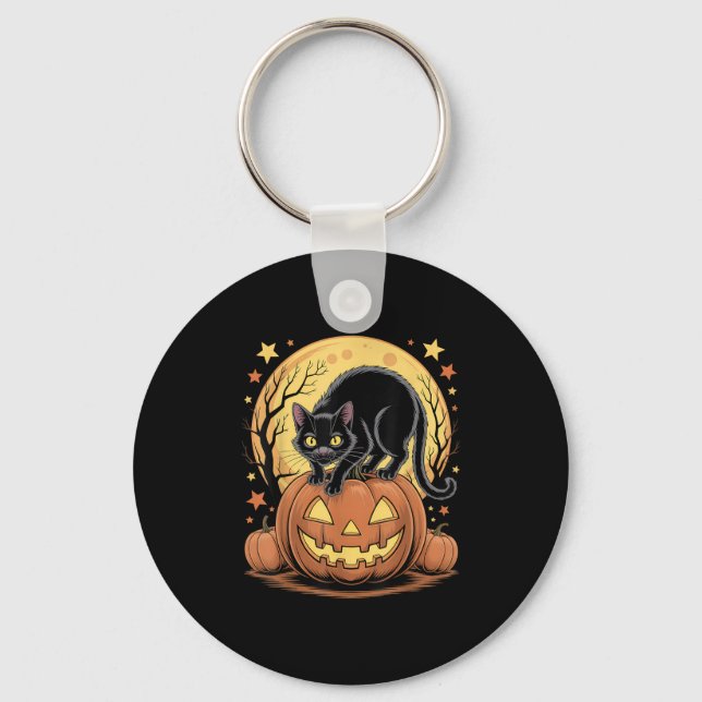Retro Black Cat Pumpkin Funny Halloween Nyckelring (Framsida)