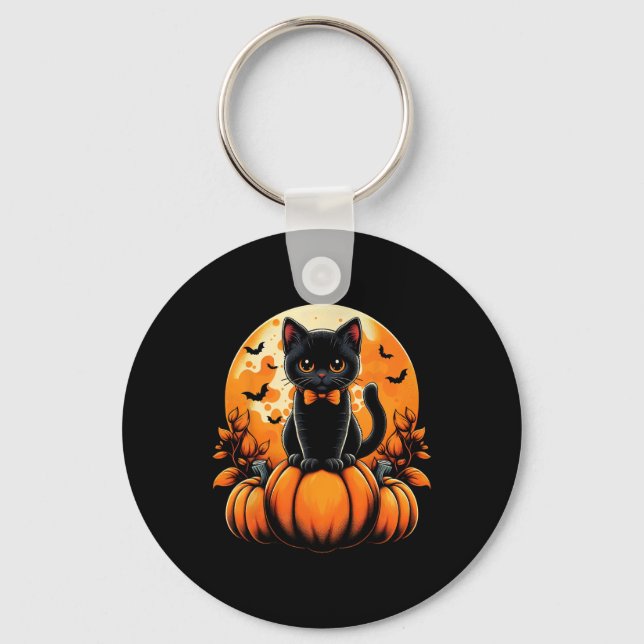 Retro Black Cat Pumpkin Halloween Costume Fall Aut Nyckelring (Framsida)