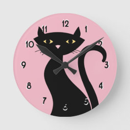 Retro Black Cat rosa Rund Klocka