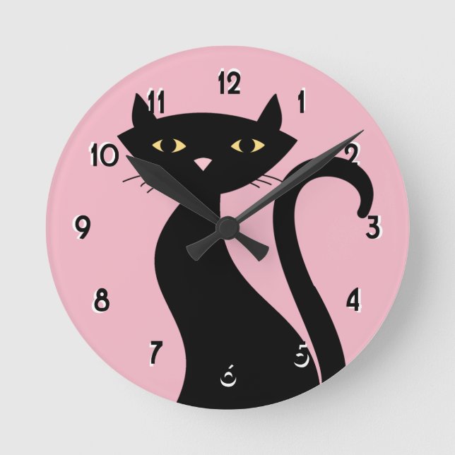 Retro Black Cat rosa Rund Klocka (Framsida)