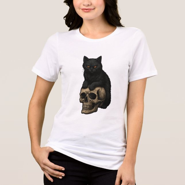 Retro Black Cat & Skull T Shirt (Framsida)