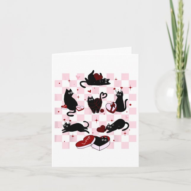 Retro Black Cat Spela upp Heart Valentines day Cat Kort (Framsida)