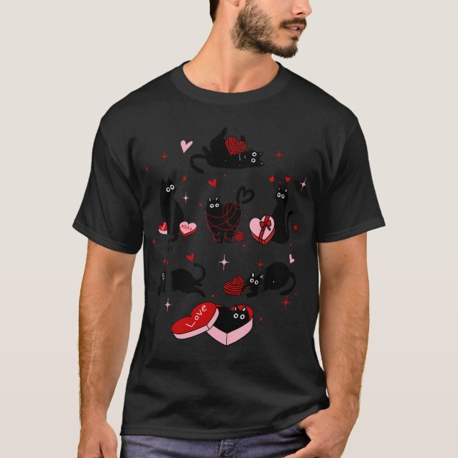 Retro Black Cat Spela upp Heart Valentines day Cat T Shirt (Framsida)