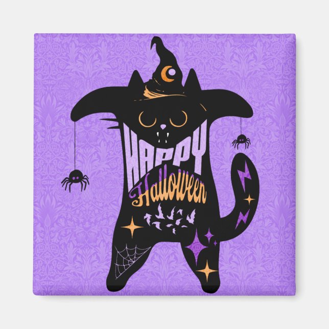 Retro Black Cat Witch Funny Halloween Magnet (Framsidan)