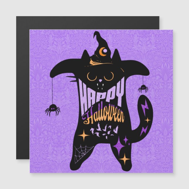 Retro Black Cat Witch Funny Halloween Magnet Card (Fram/baksida)