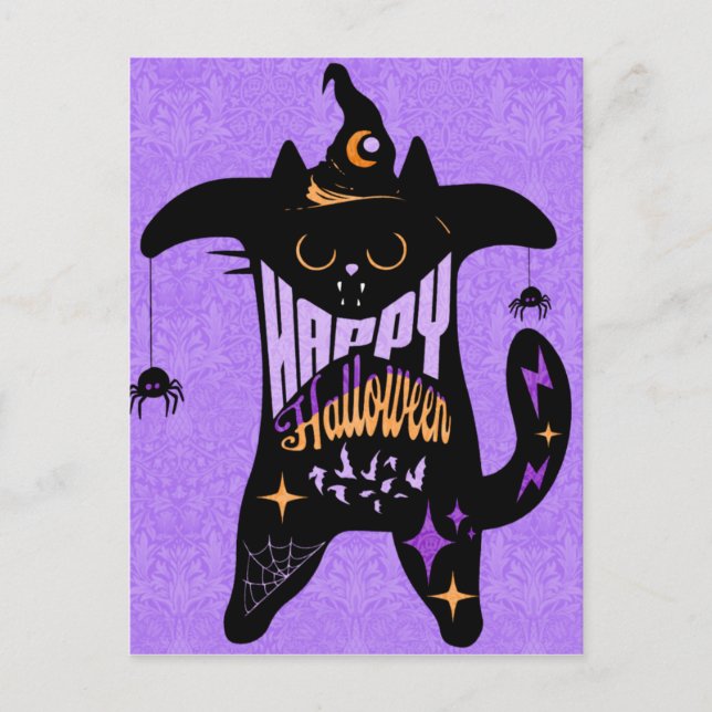 Retro Black Cat Witch Funny Halloween Vykort (Framsida)