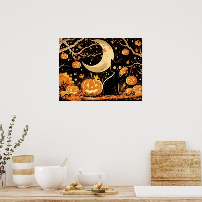 Retro Black Cat with Jack-o’-Lanterns Poster (Kök)