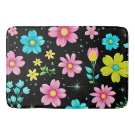 Retro Black colorful Flowers Pattern Birthday part Badrumsmatta
