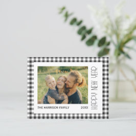 Retro Black Gingham Play New Year Photo Vykort