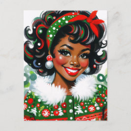 Retro Black Girl Christmas Cheer Vykort