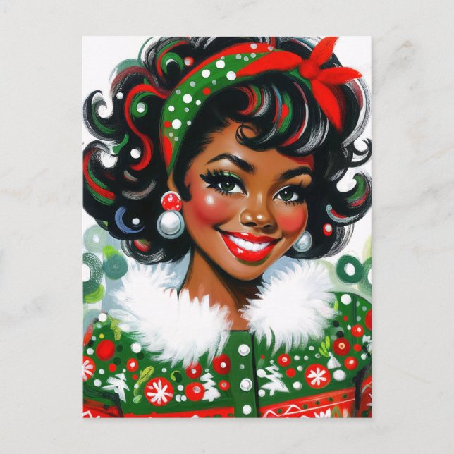 Retro Black Girl Christmas Cheer Vykort (Framsida)