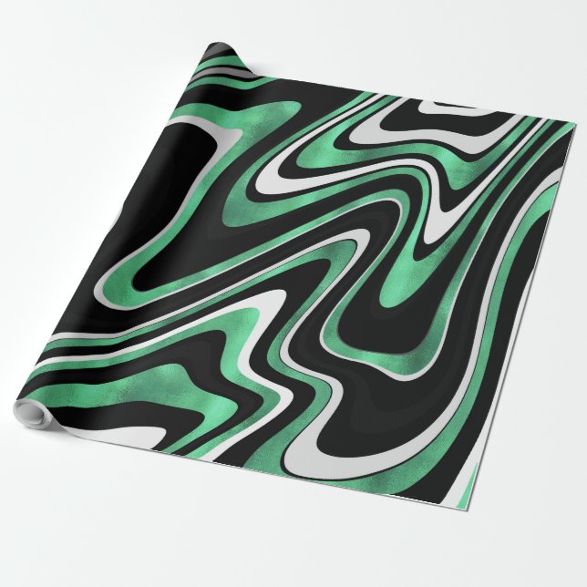 Retro Black-Grönten Vågigt Linjer Modern design Presentpapper (Utrullad)