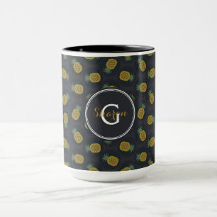 Retro black guld pineapple mönster monogram mugg