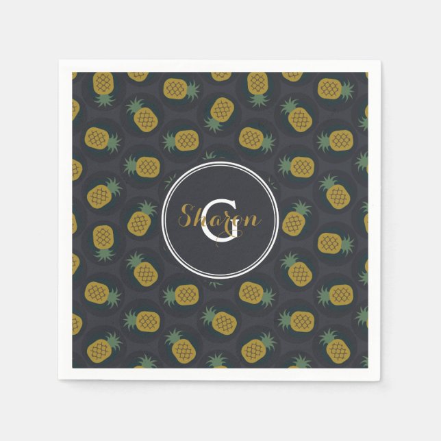 Retro black guld pineapple mönster monogram pappersservett (Framsidan)