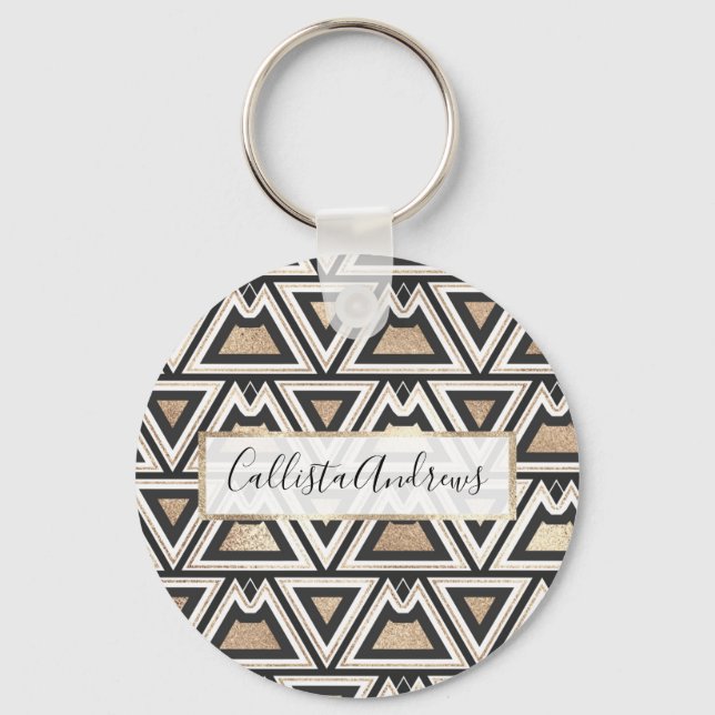 Retro Black Guld White Triangle Geometric Nyckelring (Framsida)
