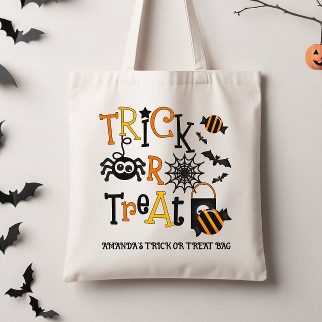 Retro Black Kids Halloween Bus eller godis Tote Tygkasse (Halloween Trick or Treat Tote Bag, Personalized Kids Trick Or Treat Tote, Spider Candy Trick Treat)