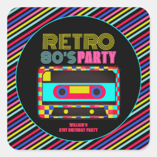 Retro Black Neon Cassette Tape 80s Födelsedagsfest Fyrkantigt Klistermärke
