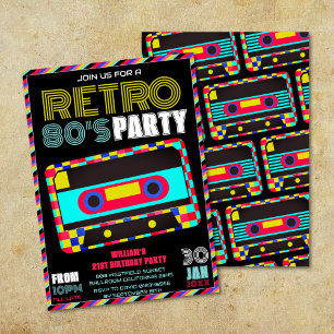 Retro Black Neon Cassette Tape 80s Födelsedagsfest Inbjudningar