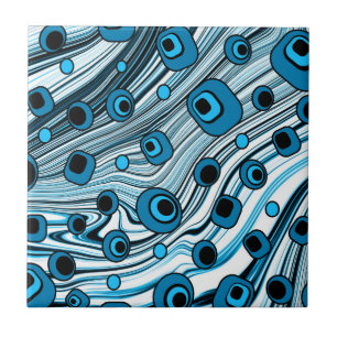 Retro Black och Blue Vågigt Cute and Groovy Art Kakelplatta