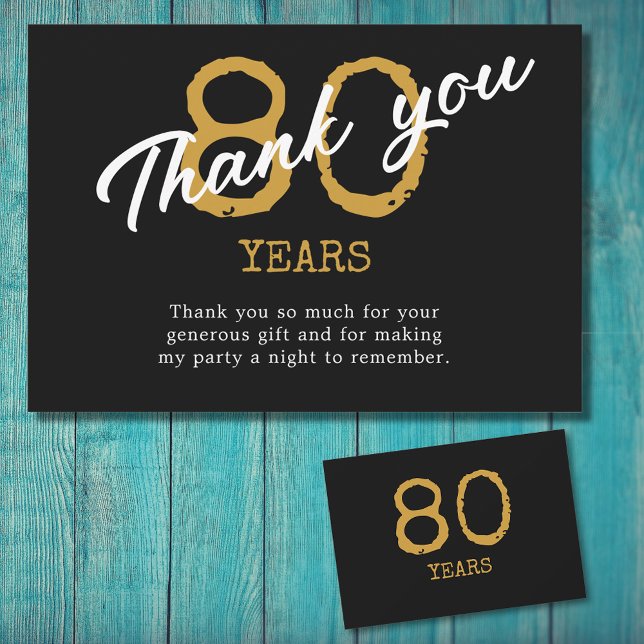 Retro Black och Guld 80:e födelsedagen Tack Kort (After that milestone 80th birthday party it's time to say thank you.)