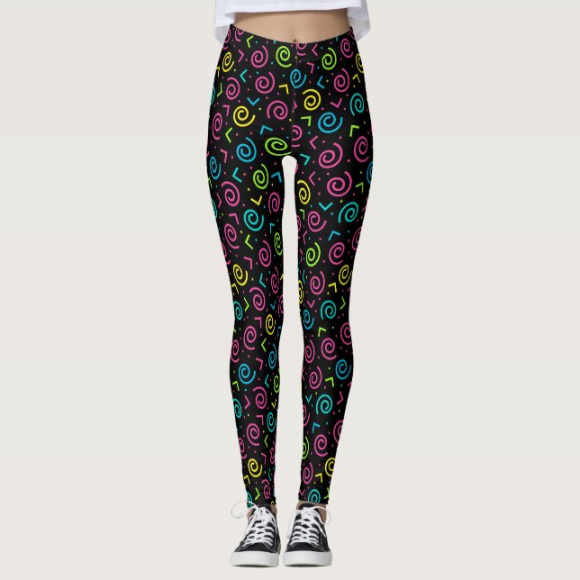 Retro Black och Neon Doodle Mönster Leggings (Framsida)
