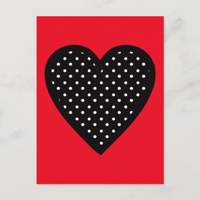 Retro Black Polka Dot Heart på Red Background Vykort (Framsida)