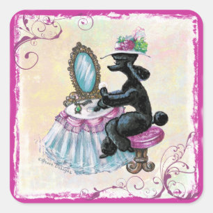Retro Black Pudel i sin Boudoir Fyrkantigt Klistermärke