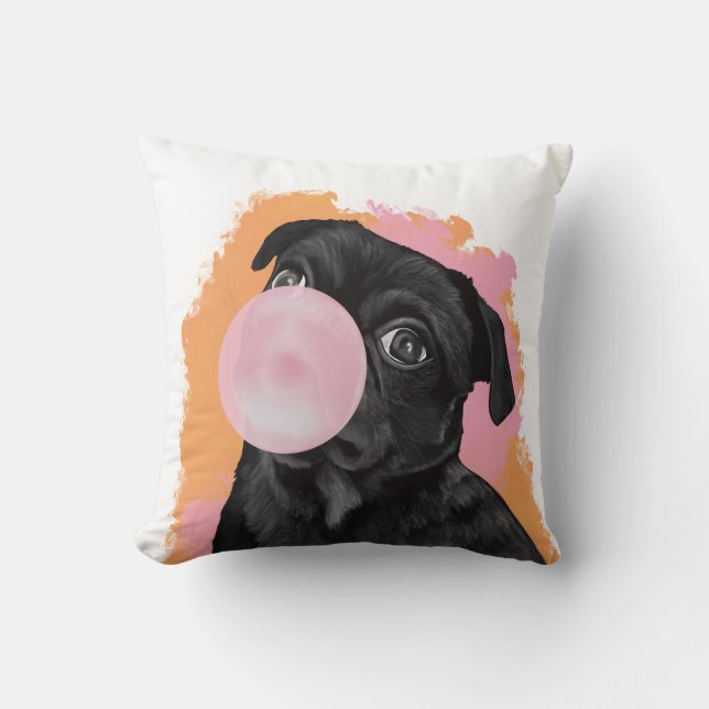 Retro Black Pug Rosa Bubblegum Kudde (Framsida)