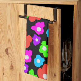 Retro Black Rainbow Colorful Flowers Mönster Kökshandduk