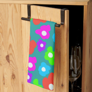 Retro Black Rainbow Colorful Flowers Mönster Kökshandduk
