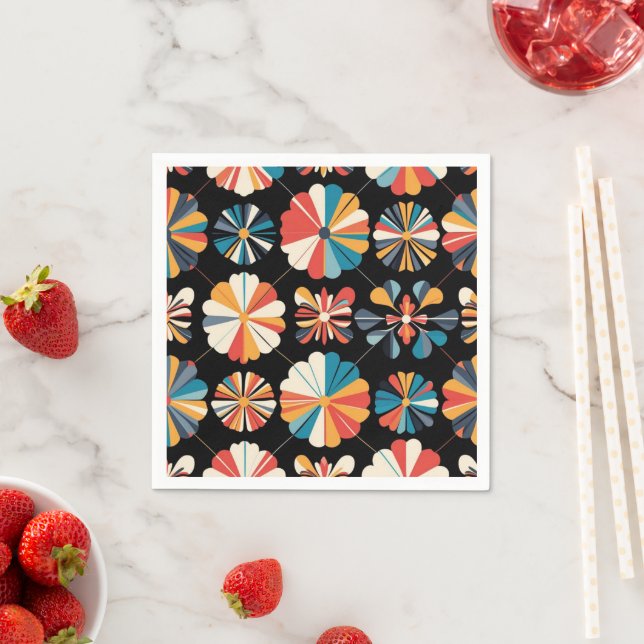 Retro Black Rainbow geometric Flowers Pattern  Pappersservett (Insitu)