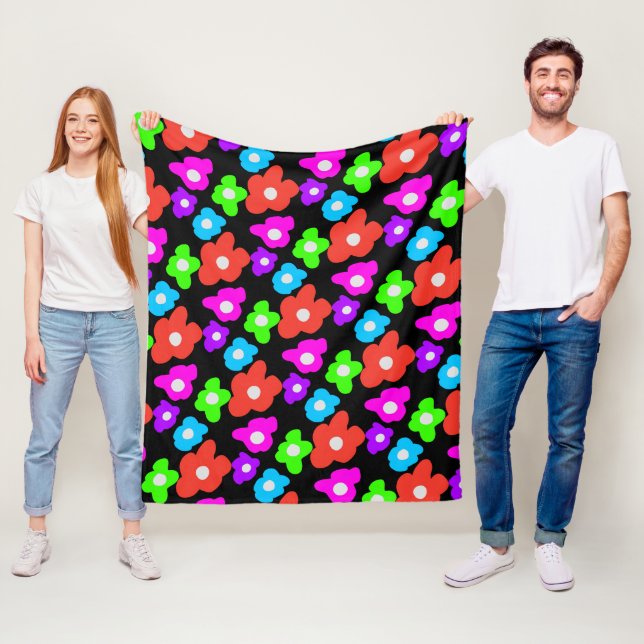 Retro Black Rainbow pride färg Flowers Mönster Fleecefilt (På plats)