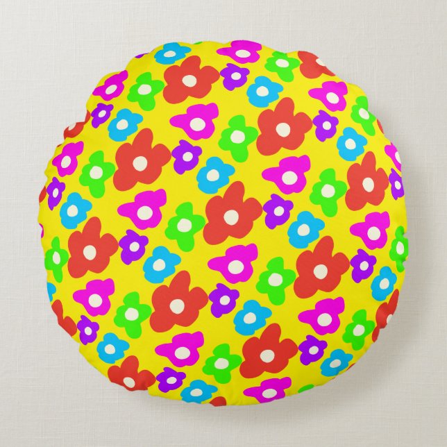Retro Black Rainbow pride färg Flowers Mönster Rund Kudde (Framsidan)
