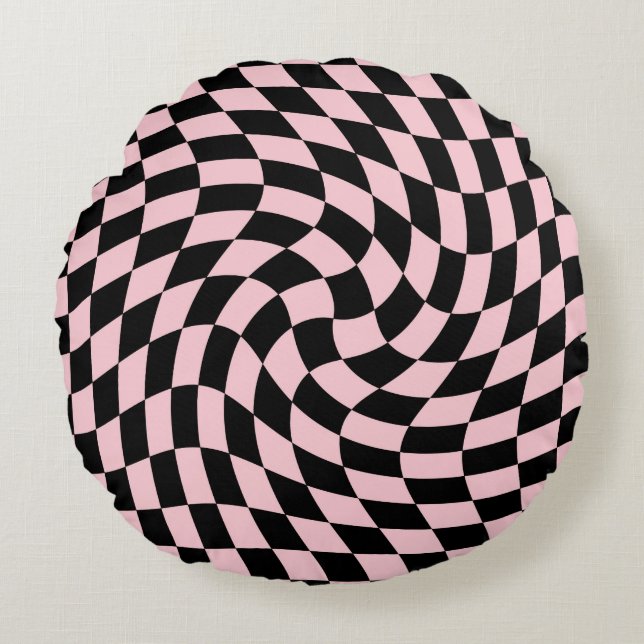 Retro Black Rosa Checks - varnad, kontrollerbar lu Rund Kudde (Framsidan)