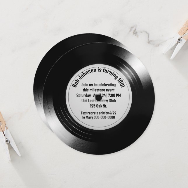 Retro Black Vinyl LP-post 100:e Födelsedagsfesten Inbjudningar (Fram/Back In Situ)