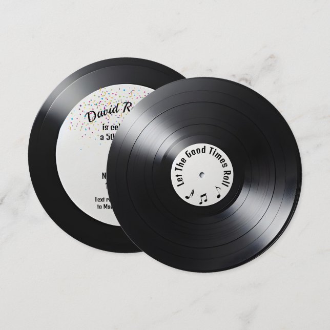 Retro Black Vinyl LP-post 50:e Födelsedagsfesten Inbjudningar (Fram/baksida)
