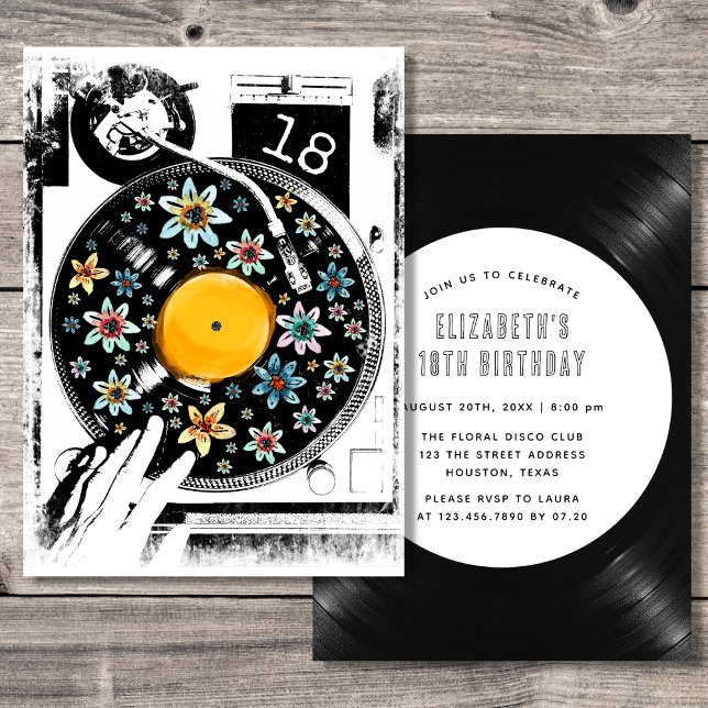 Retro Black White Blommigt Turntable Birthday Anpa Inbjudningar (Skapare uppladdad)