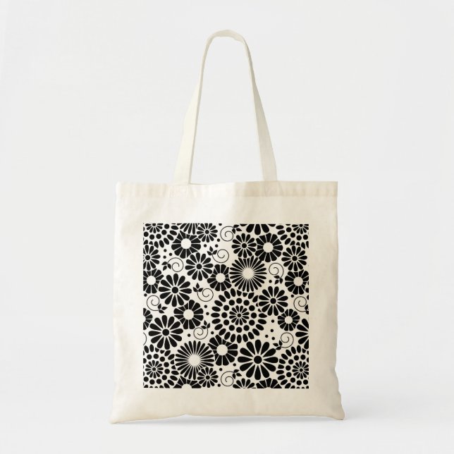 Retro Black white blommor Bag Tygkasse (Framsidan)