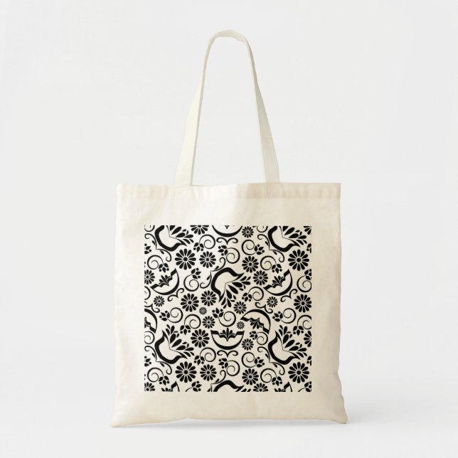 Retro Black white blommor Bag Tygkasse (Framsidan)