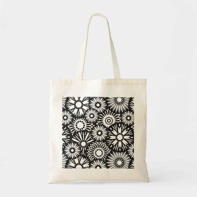 Retro Black white blommor Bag Tygkasse (Framsidan)