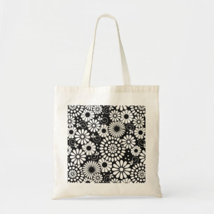 Retro Black white blommor Bag Tygkasse