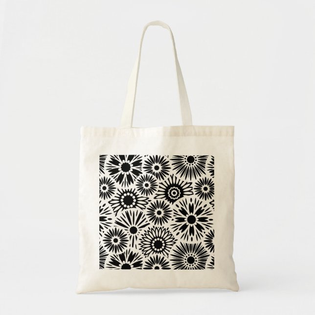 Retro Black white blommor Bag Tygkasse (Framsidan)