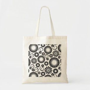 Retro Black white blommor Bag Tygkasse