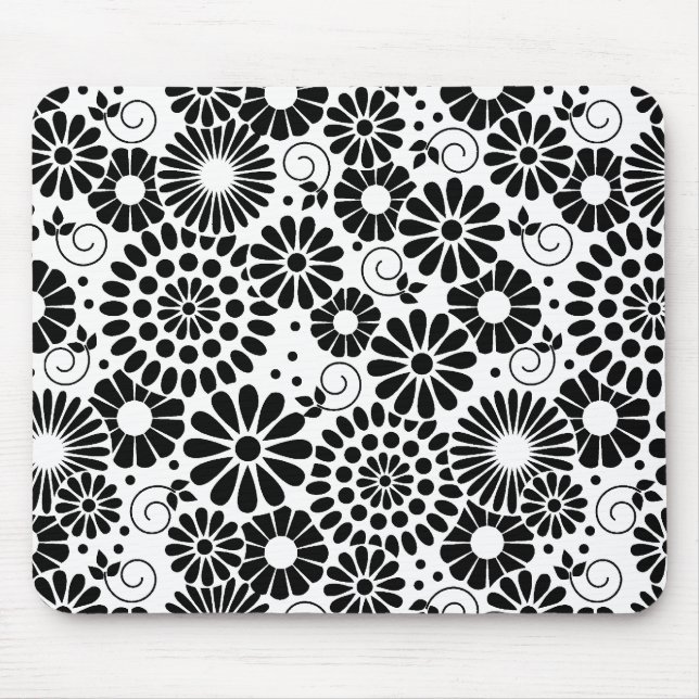 Retro black white blommor moussepad musmatta (Framsidan)