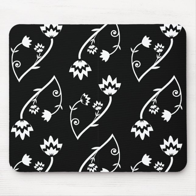 Retro black white blommor moussepad musmatta (Framsidan)